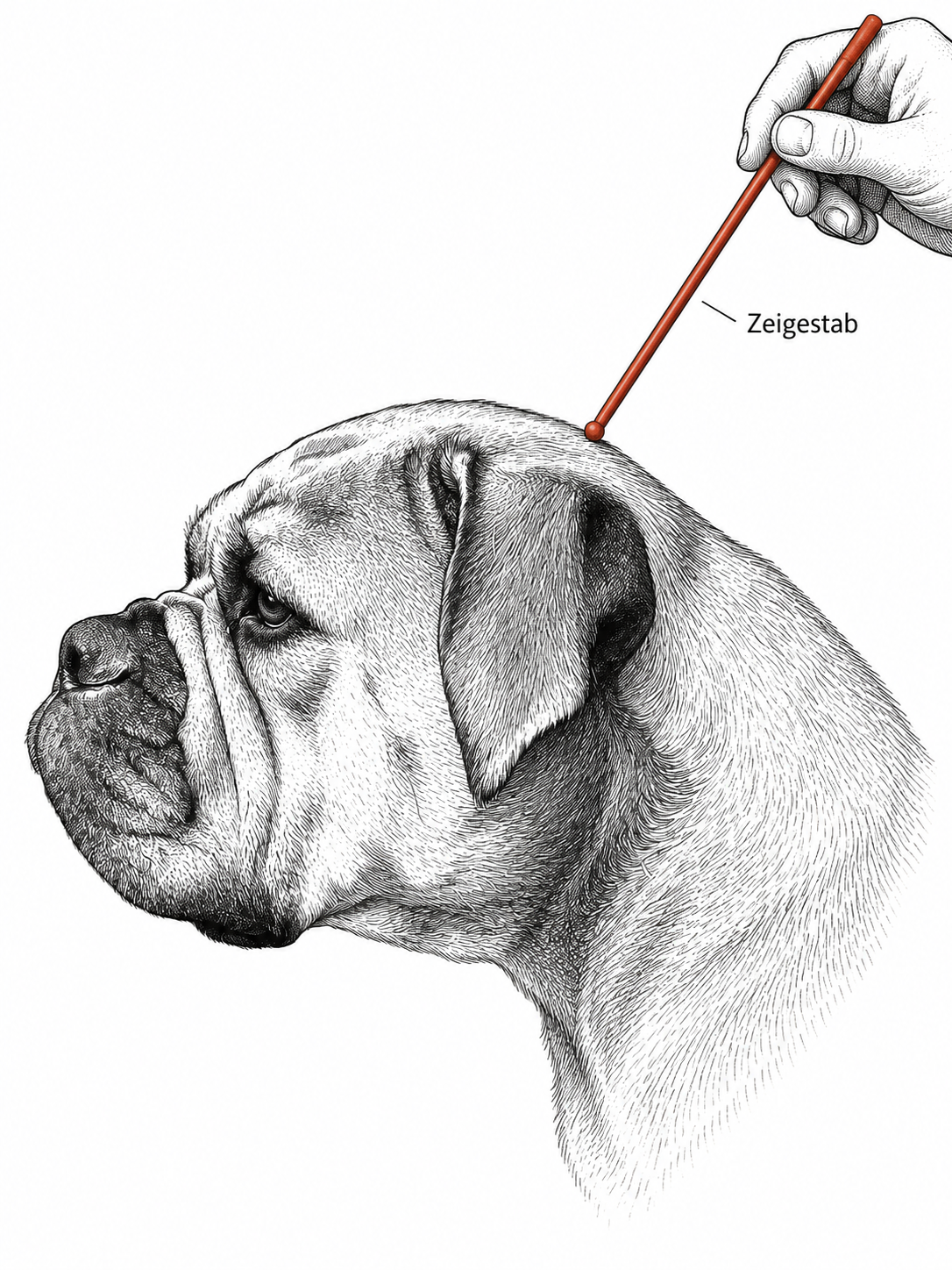 Schematischer Hundekopf mit handgehaltenem Zeigestab am hinteren Schädelpunkt